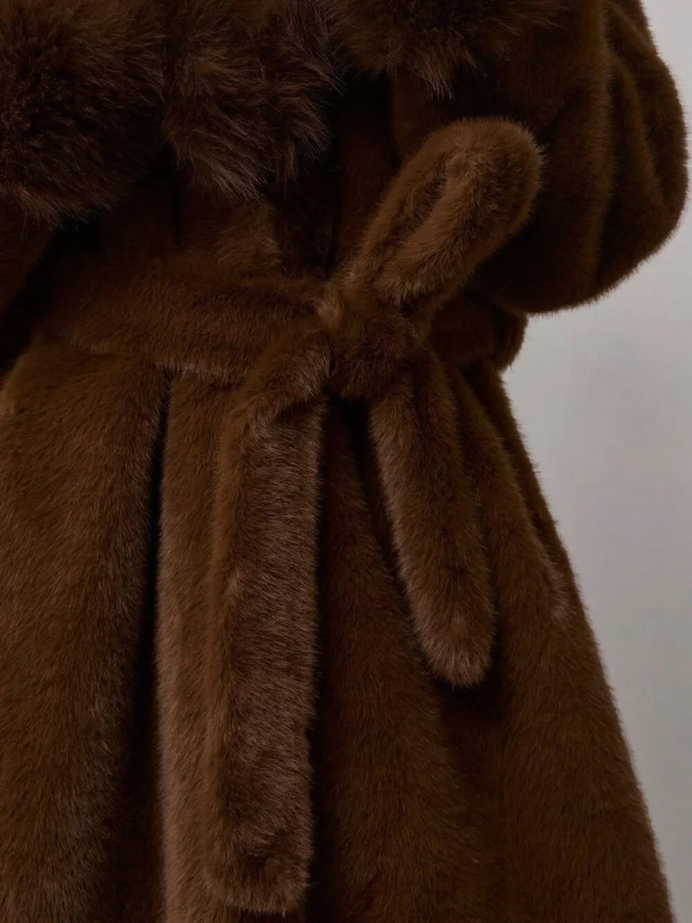 Mocha Brown Women's Shawl Collar Long Sleeve Pocket Belt Faux Fur Trench Coat